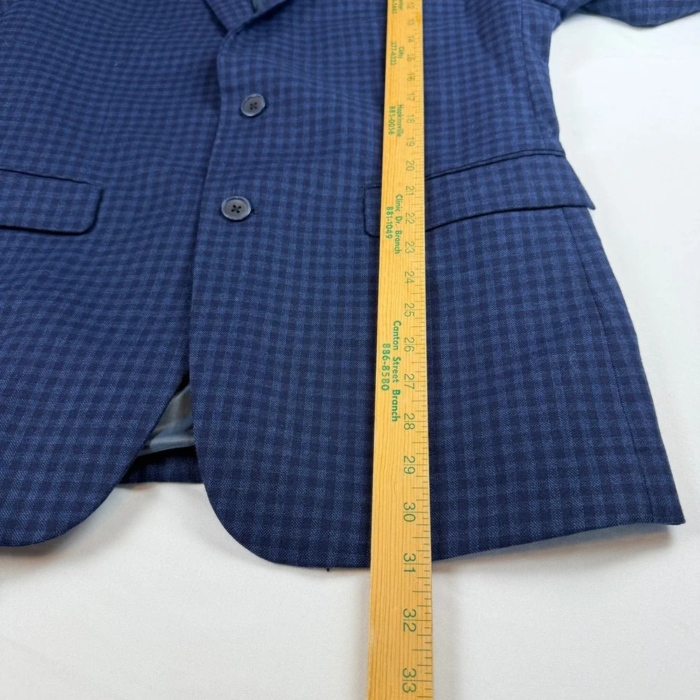 Vince Camuto Mens 42R Navy Blue Gingham 100% Wool Modern Fit Blazer Sport Coat